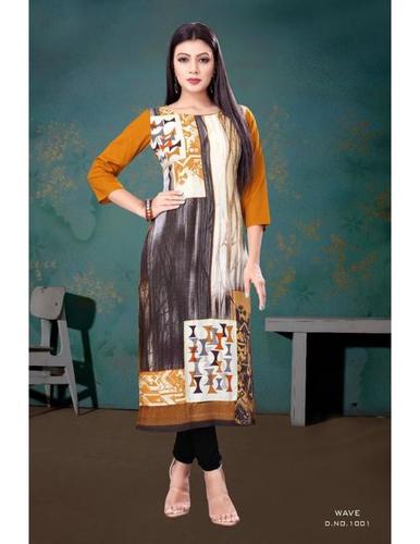 Digital Print Kurti - Cotton Fabric, Sizes L-XXXL, Gold Glaze with 3/4th Sleeves | Modern Artistic Pattern & Threaded Work Design
