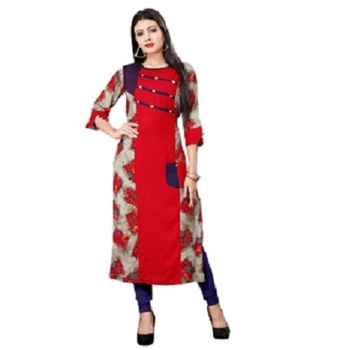Red Rayon Kurti - Latest Print & Dyed Design, Half Sleeve Modern Style for Party Wear