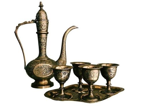 Hollywood Regency Six Piece Etched Brass Dallah