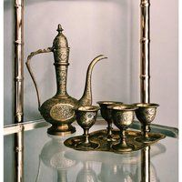 Hollywood Regency Six Piece Etched Brass Dallah