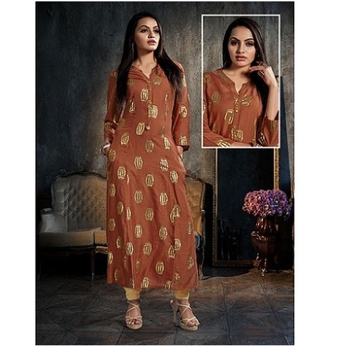 Brown Foil Print Kurti