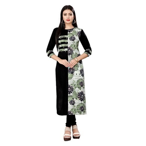 Digital Printed Kurti - Rayon Fabric, Half Sleeve, Matte Black Color | Modern Design, Washable for Girls