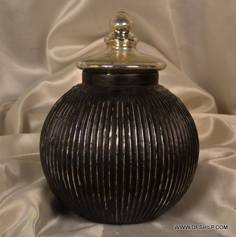 SILVER FINISH ANTIQUE SHAPE GLASS JAR WITH LID