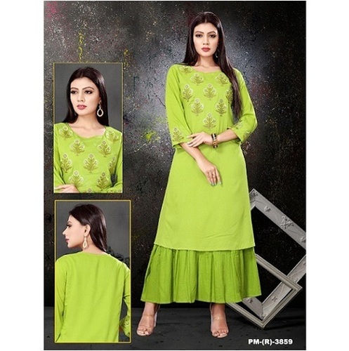 Rayon Kurti - Latest Dyed Flair Design, Green Half Sleeve With Heavy Embroidery | Trendy, Washable For Girls