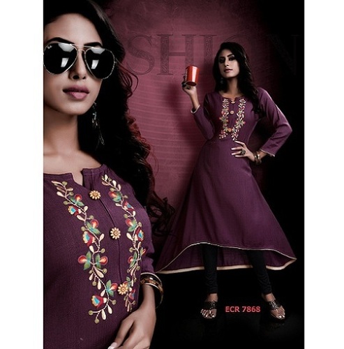 Handmade Cotton Trail Cut Kurti - 3/4th Sleeve, Purple Color with Latest Embroidery Work | Trendy Style for Girls, Available in Sizes M, L, XL