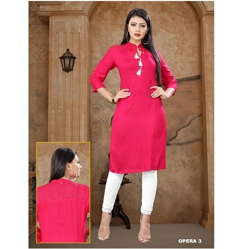 Cotton Kurti - Latest Straight Cut Design, Pink Color With Embroidered 3/4th Sleeves | Modern Style For Girls