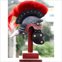 Roman Helmet - Leather, Adjustable Size | Shiny Black Finish With Red Feather, Free Wooden Stand
