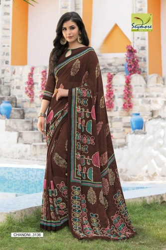 Brown Georgette Printed Saree