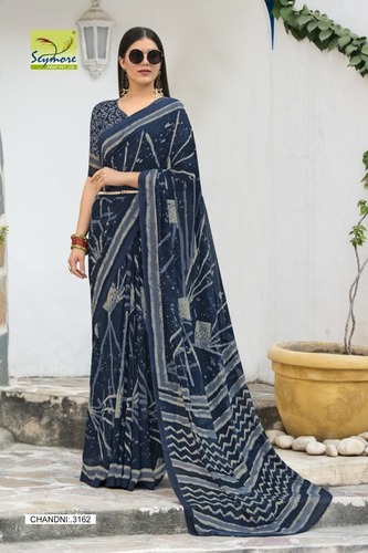 Georgette Printed Saree - Soft Georgette, 5.5 Meters, Navy Blue | Elegant Design, Fancy Border, Comfortable Fit
