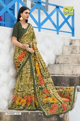 Green Georgette Printed Saree