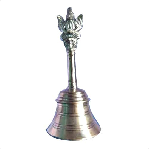 Brass Temple Bell - Silver Polished Finish | Modern Indian Art, Painted Metal Craft with Hinduism Theme