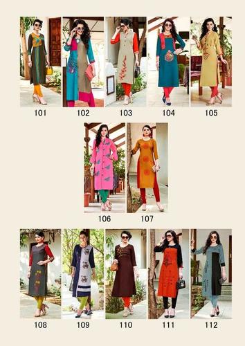 Rayon Kurti - 14 kg Rayon, 12 Pcs Size M-XXL, Multi Color | Breathable, Quick Dry, Embroidered Design, 3-4th Sleeve, Traditional Style