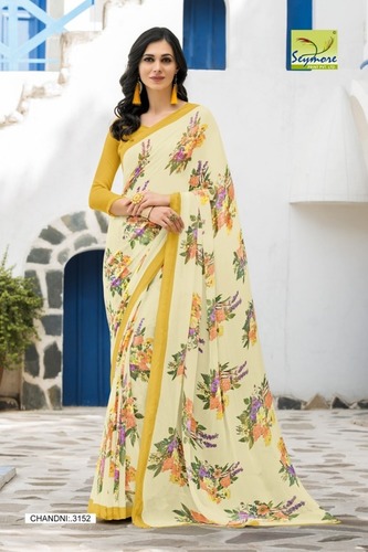 Yellow Georgette Printed Saree