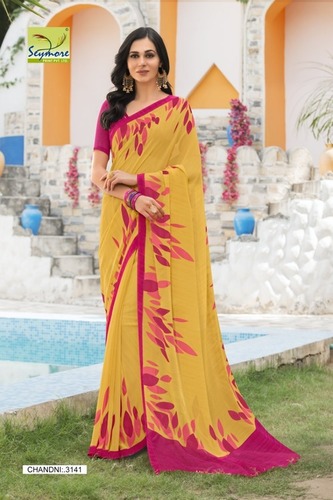 Yellow Georgette Printed Saree