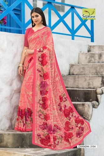 Georgette Printed Saree - Pink, Lightweight Georgette Fabric, Elegant Bollywood Style, Year-Round Wear