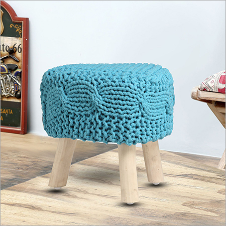 Knitted Pouf - Cotton, Rectangle Shape, Blue Color | Modern Design, Simple Pattern, Hand Washable, Stockinette and Ribbed Style, Ideal for Home Use