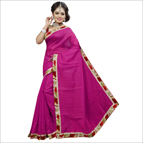 Georgette Saree - Cotton Silk, Length 5.5 Mtr, Blouse Length 0.8 Mtr | Deep Pink and Red, Plain Pattern with Stone Work