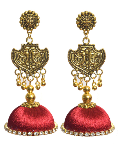 Oxidized Stud Drop Long Traditional Silk Thread Jhumka Clip-on Earring