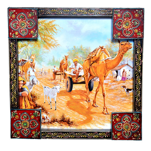 Indian Traditional Village Painting Wooden Handicraft Wall Hanging Home Decor Painting Size: 13x13x1.5 Inch