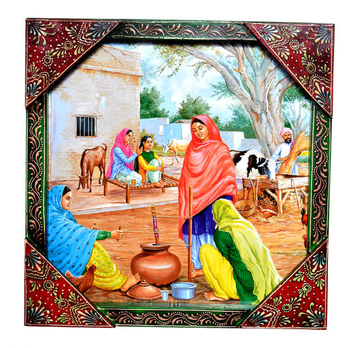 Indian Traditional Village Painting Wooden Handicraft Wall Hanging Home Decorative Painting Size: 13x13x1.5 Inch