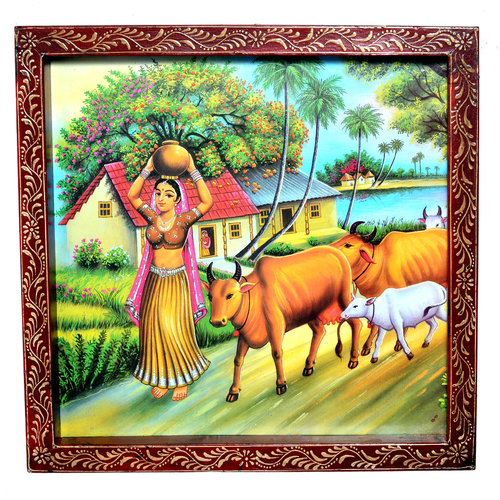 Indian Traditional Village Painting Wooden Handicraft Wall Hanging Decorative Painting