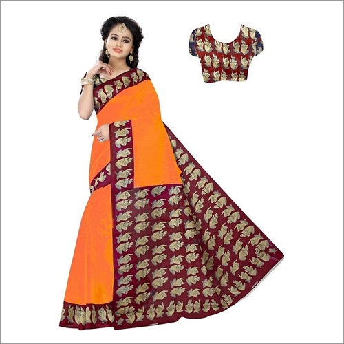 Orange Bhagalpuri Border Plain Saree