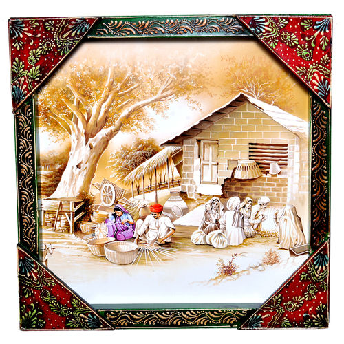 Indian Traditional Village Painting Wooden Handicraft Wall Hanging Decorative Painting Size: 13X13X1.5 Inch