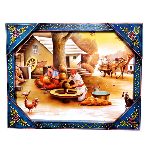 Indian Traditional Village Painting Wooden Handicraft Wall Hanging Decorative Painting Size: 15X12X1.5 Inch