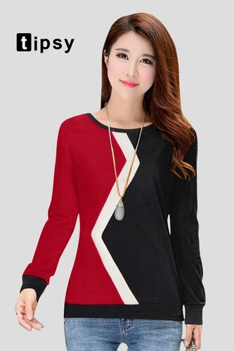 Girls Printed T Shirts - Polyester Sizes [S M L XL XXL] Colors: Red and Black | Long Sleeves Plain Pattern Trendy Design for Casual Style