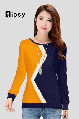 Ladies Designer T Shirt - Polyester, Sizes S to XXL | Long Sleeves, Trendy Blue & Yellow Colors, Soft & Stylish Look