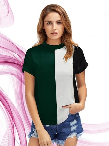 Ladies Printed T Shirt - Polyester, Size: S, M, L, XL, XXL | Green and White, Short Sleeves, Trendy Design for College Girls