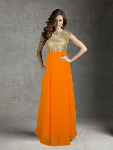 Exclusive Designer Georgette Blue Frock Suit - 56 Inch Length, Orange Sleeveless Traditional Dress | No Fade, Washable, All Season Wear, Available in Multiple Sizes