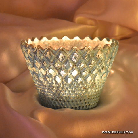 Silver Coated Small T Light Candle Holder - Material: Glass