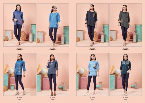 Denim Tops - Pure Silk Fabrics, Size M(38) L(40) XL(42) XXL(44), Embroidered Pattern, Breathable, Washable, Waterproof, Short Sleeves
