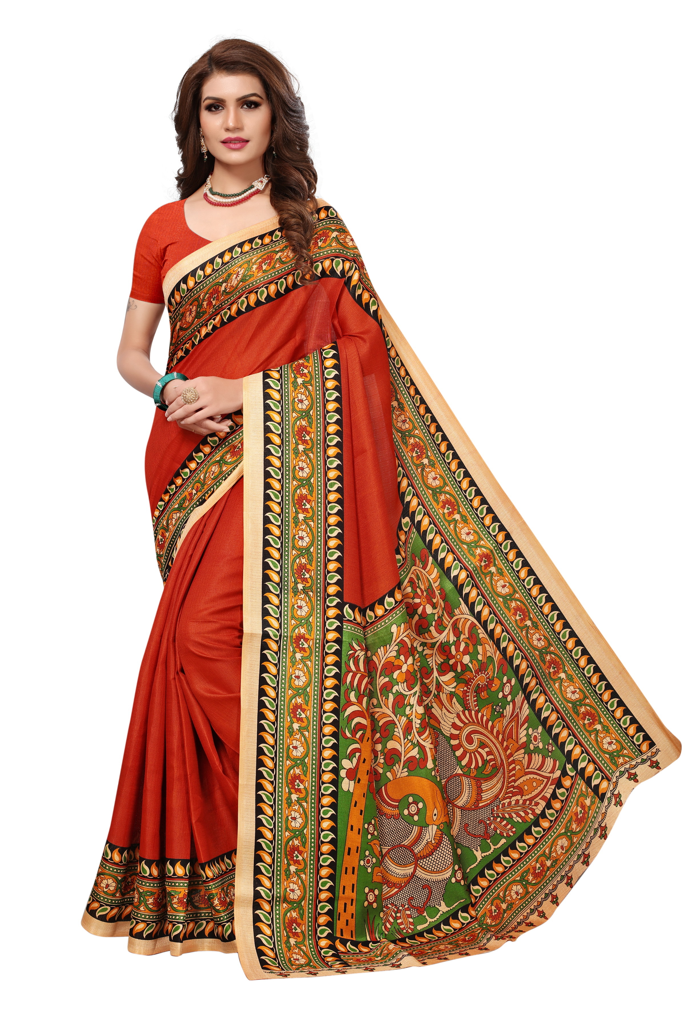 Big Peacock Printed Kalamkari silk Saree