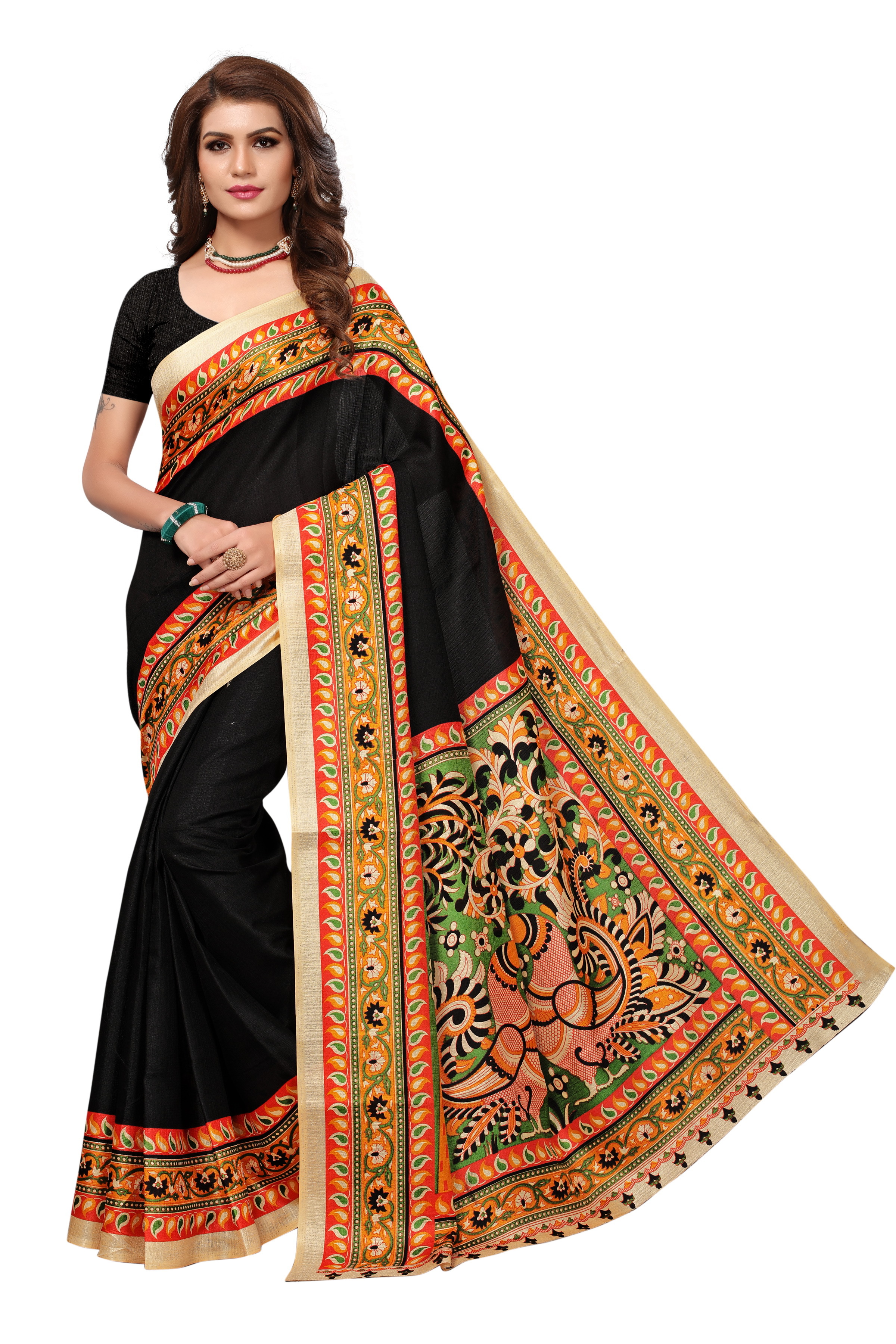 Big Peacock Printed Kalamkari silk Saree