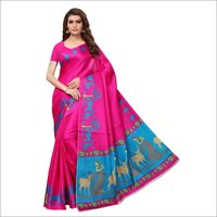 South Kalamkari Printed Saree - Khadi Silk , 5.5 Mtr Length, Black, Navy, Pink, Red, Wine Colors, Lace Closure, Artistic Printed Pattern