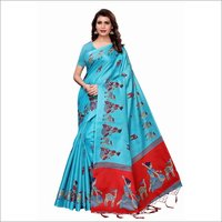Mithali Kalamkari Silk Saree - Khadi Silk 5.5 Mtr Length, 0.8 Mtr Blouse | Colorful Orange, Pink, Rama, Yellow, Lace Closure, Printed Pattern