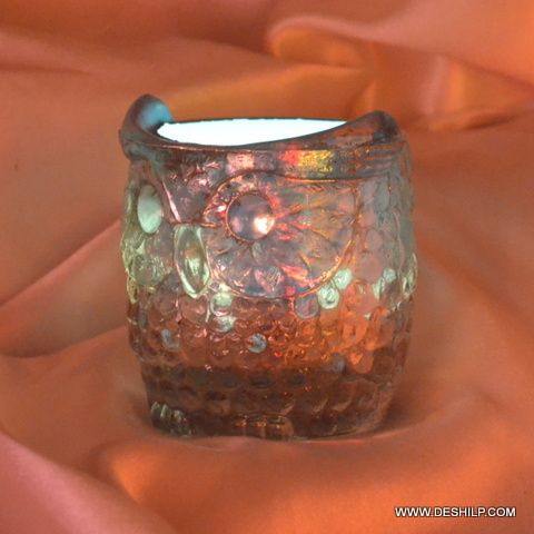 ANTIQUE GLASS T OWL SHAPE CANDLE VOTIVE