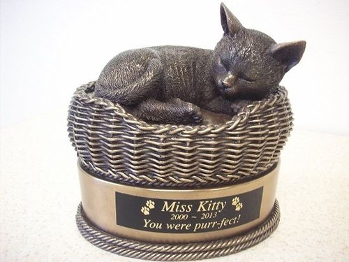 Cat in Basket Urn Bronze