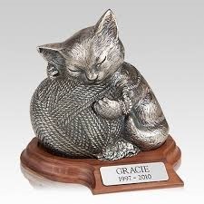 Silver Cat Cremation Urn with Base