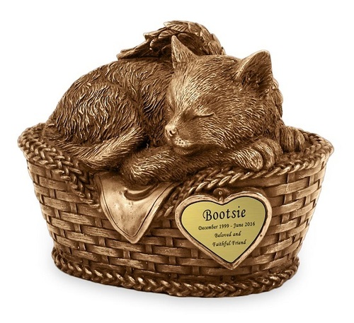 Angel Cat in Basket Cold Cast Bronze Finish Cremation Urn