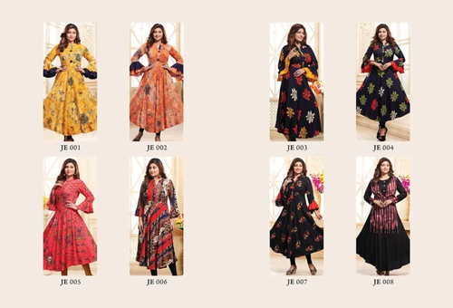 Rayon Fancy Printed Gown Kurti - Sizes L, XL, XXL | Breathable, Washable, Waterproof, Long Bell Sleeves, Modern Style, Casual and Formal Wear