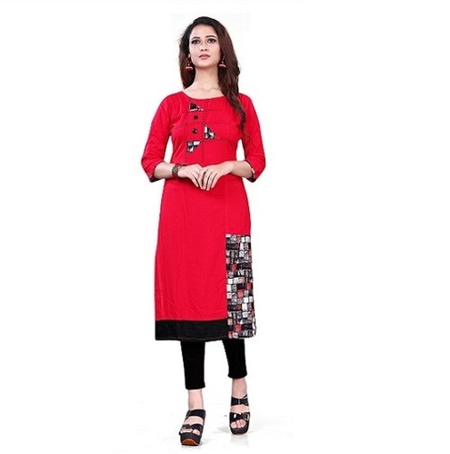 Modern Kurti - Rayon Fabric, Red Color with Exclusive Printed Design | Half Sleeve, Latest Neck Pattern, Washable for Girls