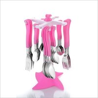 Plastic Cutlery Set - Virgin Plastic And Stainless Steel, Pink Color , 24 Pcs Set With Dinner Spoons, Forks, Butter Knives, Dishwasher Safe