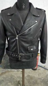 Leather Biker Jacket - Genuine Leather, Customizable Size, Black Color | Water Resistant, Stylish Design, Zipped Pockets, High Neck, Comfortable Fit