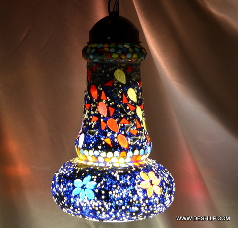 Blue And Multicolor Themed Multi Mosaic Glass Wall Hanging Lamp - Finish: Handmade