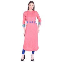 Rayon Printed Kurti - 50 Inch Length, Pink Color, 3/4th Sleeves | Eco-friendly, Anti-wrinkle, Quick Dry, Casual To Formal Wear