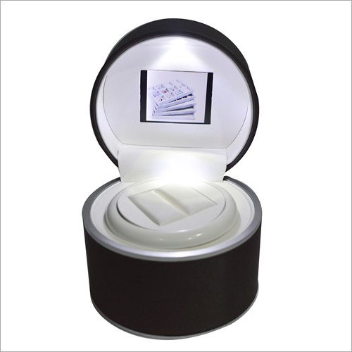 LED Ring Display Box - PU Material, Round Shape, Portable Handle | Ideal for Jewelry Display, Folding Design for Easy Storage