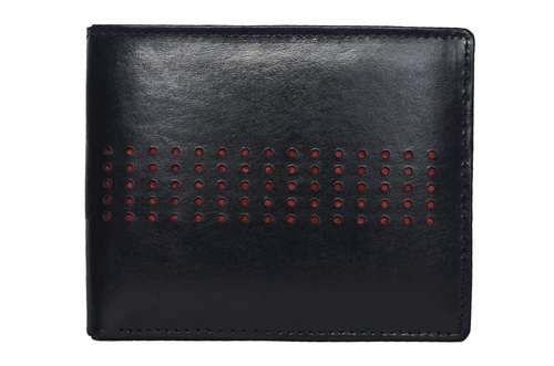 Black Men's Leather Dotted Wallet - Leather, 24x9x2 cm, Black | Bifold Closure, Dotted Strip Design, Polyester Lining, Folded Style
